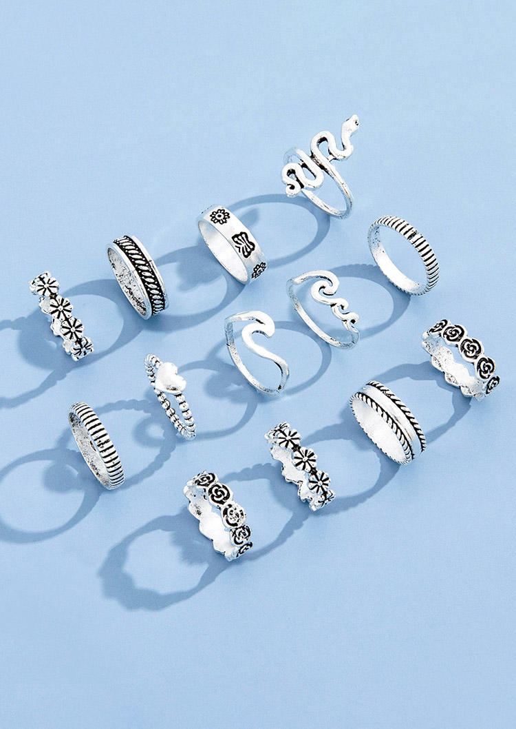 

Rings 13Pcs Floral Snake Heart Ring Set in Silver. Size