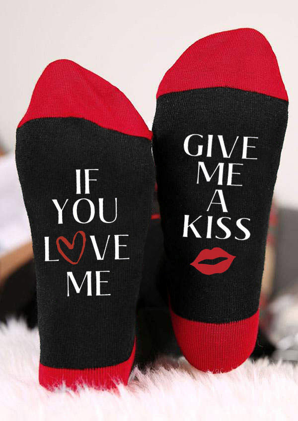 

Crew Socks Valentine If You Love Me Give Me A Kiss Lips Crew Socks in Black. Size