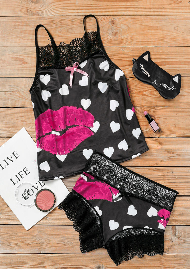

Sleepwear Valentine Lace Heart Lips Camisole And Shorts Pajamas Set in Black. Size: ,M,L,XL