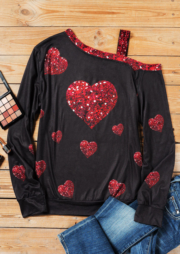 Blouses Sequined Heart Long Sleeve Blouse in Black. Size: XL