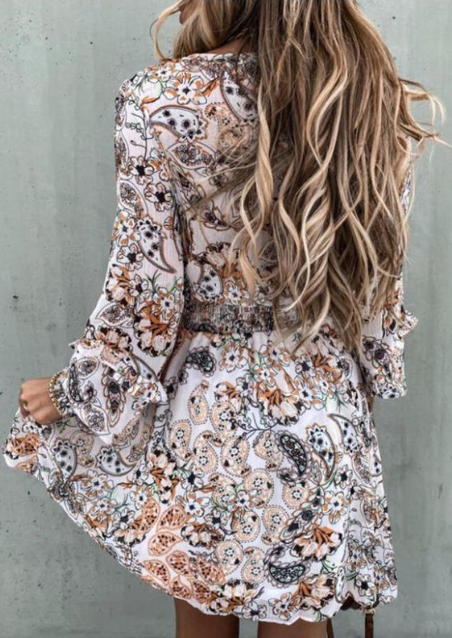 

Mini Dresses Paisley Ethnic Style Smocked Long Sleeve Mini Dress in Multicolor. Size