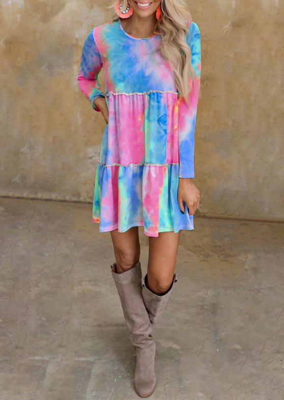 

Mini Dresses Tie Dye Ruffled Long Sleeve Mini Dress in Multicolor. Size: ,M,L,XL
