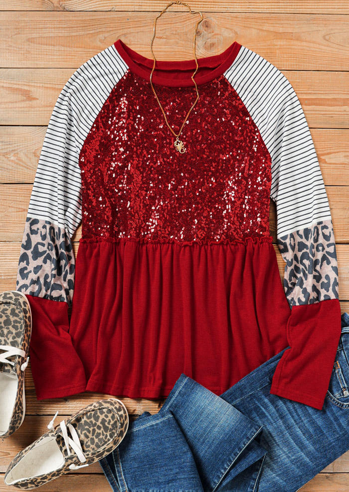 Sequined Leopard Striped Ruffled Blouse - Red