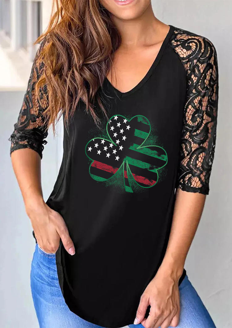 Lace Splicing Shamrock Blouse - Black