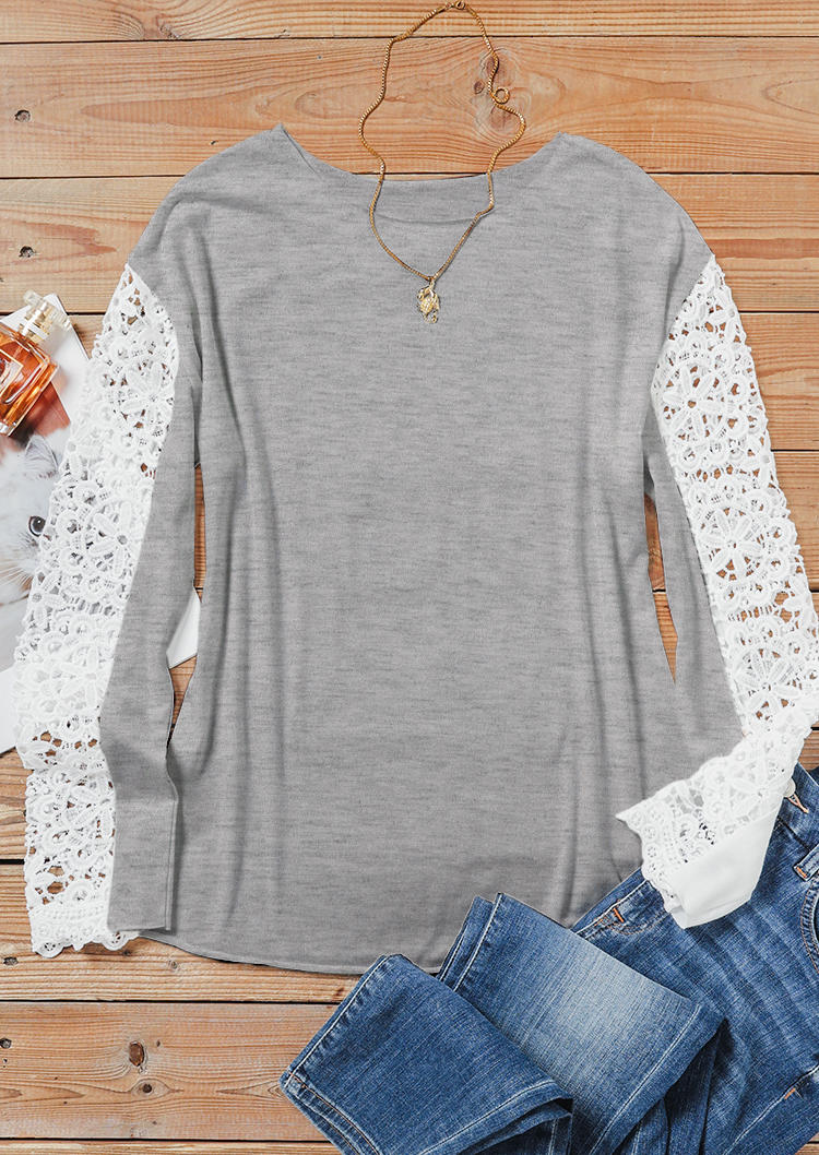 Blouses Lace Splicing Long Sleeve Blouse in Gray. Size: L