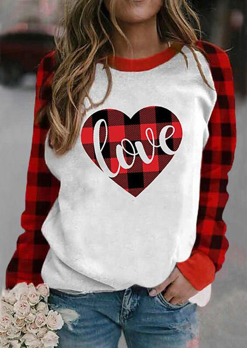 Blouses Love Heart Plaid Long Sleeve Blouse in White. Size: S,L,XL