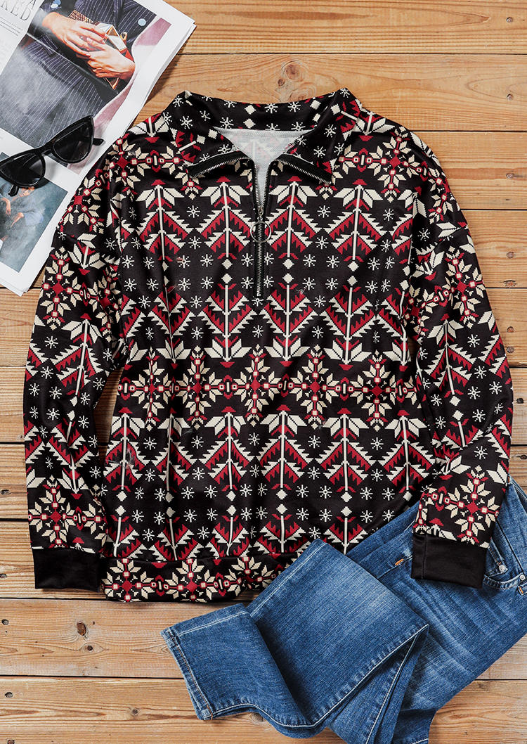 Aztec Geometric Zipper Long Sleeve Sweatshirt