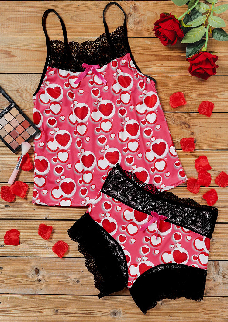 

Sleepwear Valentine Heart Lace Camisole And Shorts Pajamas Set in Pink. Size: ,M,L,XL