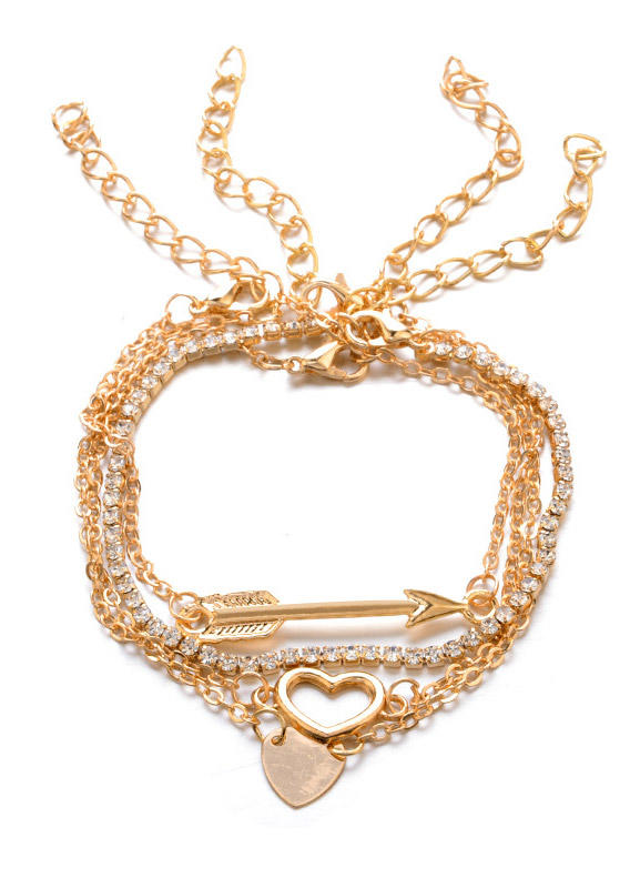 

Bracelet 4Pcs Valentine Arrow Heart Rhinestone Bracelet Set in Gold. Size
