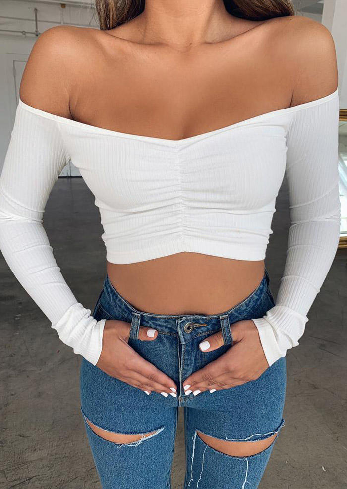 

Crop Tops Ruched Off Shoulder Crop Top in White. Size: ,M,L,XL