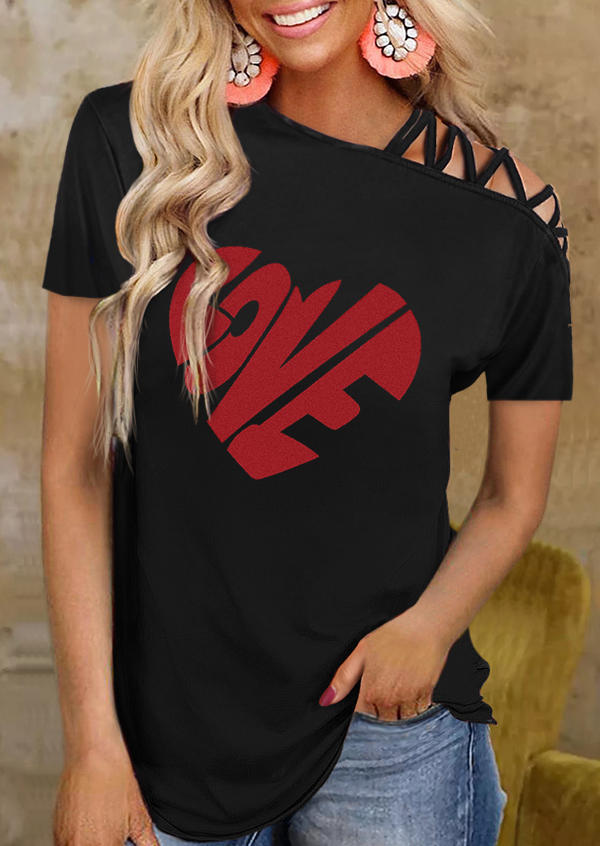 Blouses Love Heart One Sided Cold Shoulder  Blouse in Black. Size: S,M,L,XL
