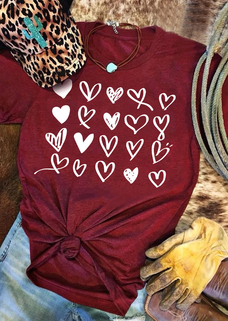 T-shirts Tees Love Heart O-Neck T-Shirt Tee in Burgundy. Size: S,M,L,XL