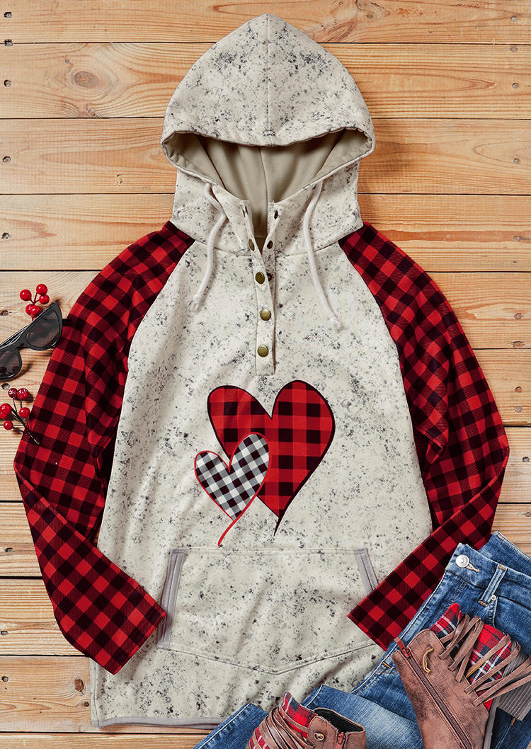 Hoodies Heart Plaid Button Long Sleeve Hoodie in Multicolor. Size: S,M,L