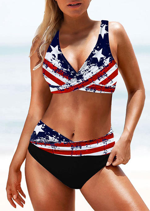 Bikini Sets American Flag Star Lace Up Bikini Set in Multicolor. Size: L,M,S,XL