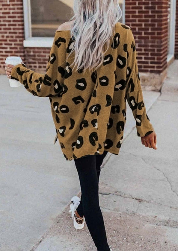 

Blouses Leopard Slit Long Sleeve O-Neck Blouse in Leopard. Size