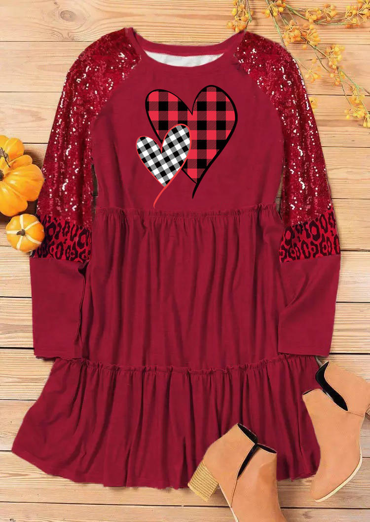 Mini Dresses Sequined Leopard Plaid Heart Mini Dress - Burgundy in Red. Size: L,M,S,XL