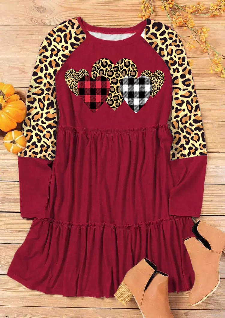 Mini Dresses Plaid Leopard Heart Ruffled Mini Dress - Burgundy in Red. Size: L,S