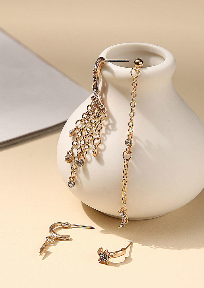 

Earrings 4Pcs Rhinestone Star Moon Tassel Stud Earrings in Gold. Size