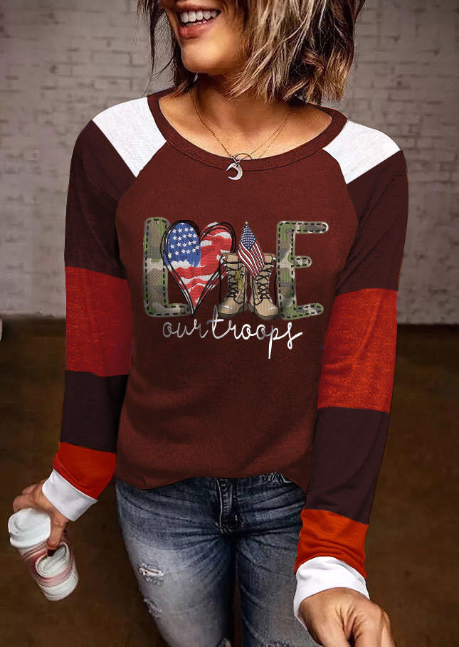 

Blouses Love Our Troops Color Block Camouflage Blouse in Burgundy. Size