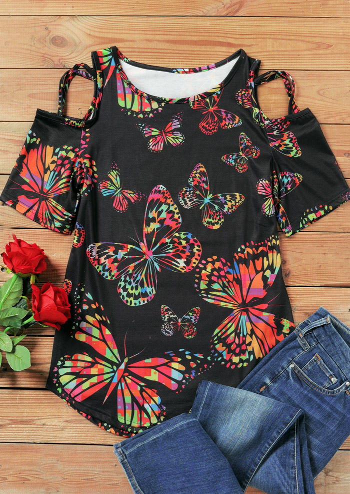 

Blouses Butterfly Criss-Cross Cold Shoulder Blouse in Black. Size: ,M,L,XL