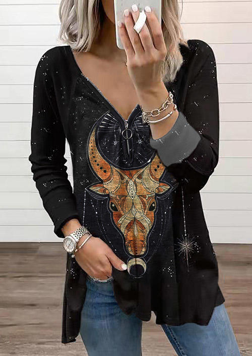 

Blouses Steer Skull Zipper Long Sleeve Blouse in Black. Size: ,M,L,XL