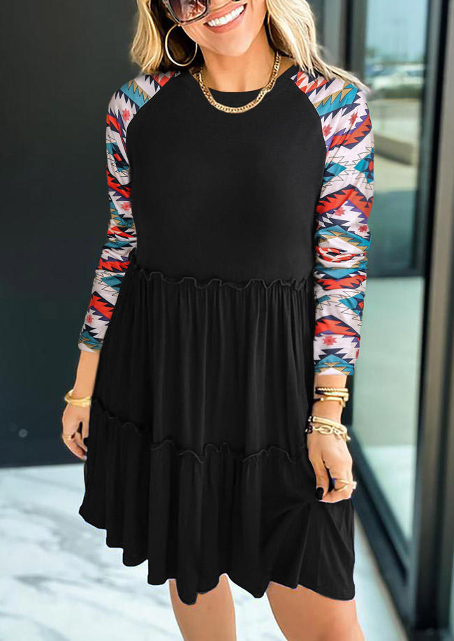 

Mini Dresses Aztec Geometric Western Raglan Sleeve Mini Dress in Black. Size: ,M,L,XL