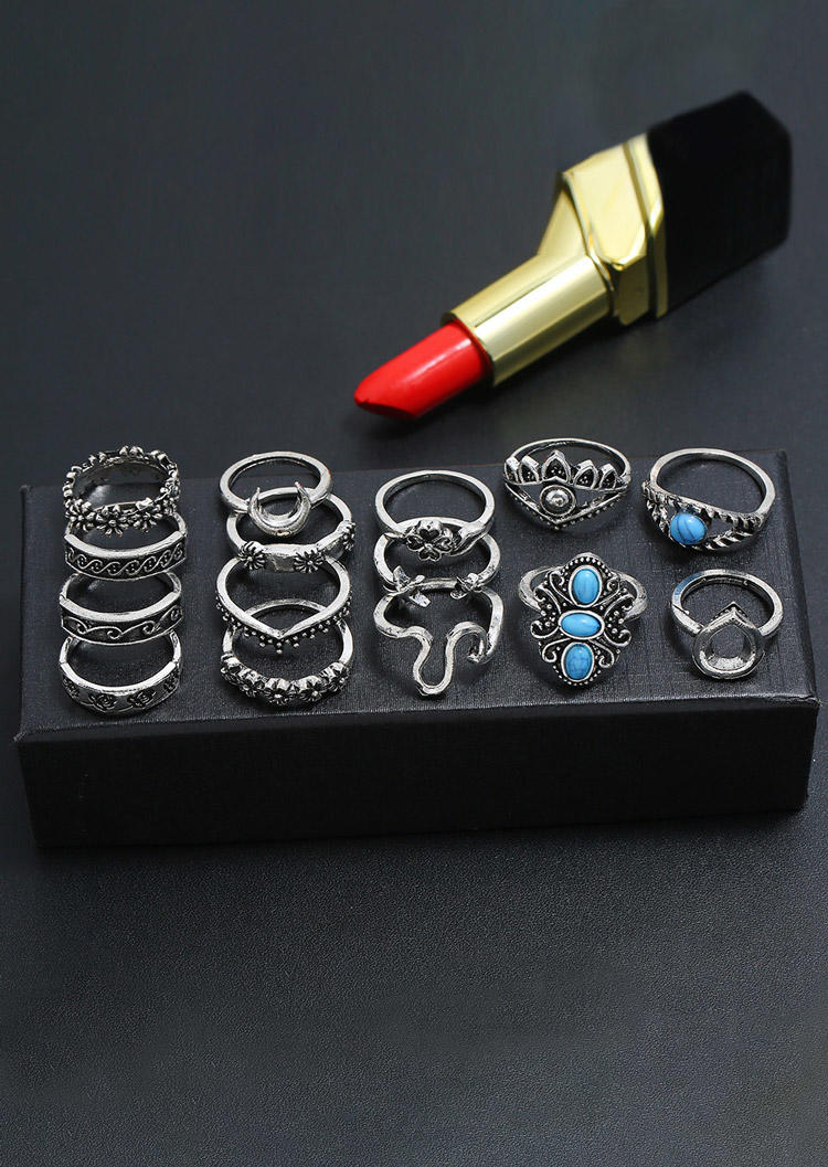 

Rings 15Pcs Star Moon Turquoise Floral Ring Set in Silver. Size