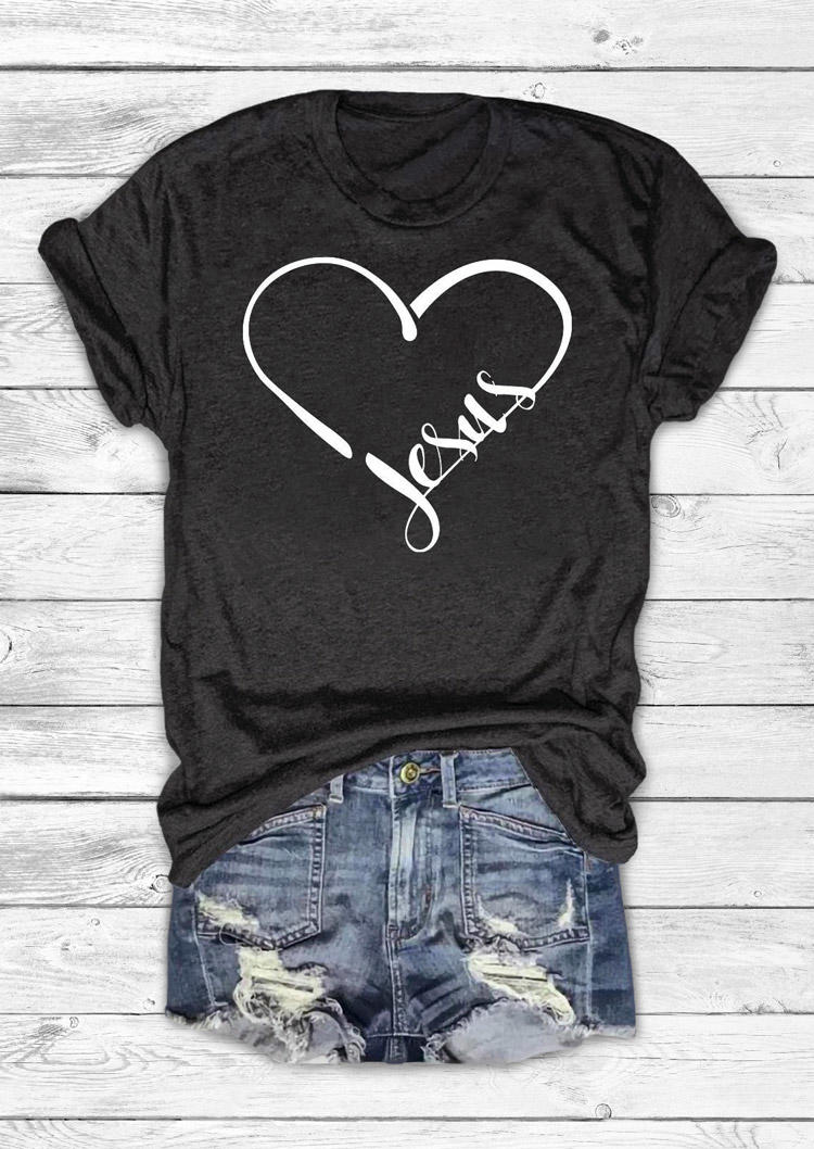 T-shirts Tees Jesus Heart O-Neck T-Shirt Tee in Dark Grey. Size: L