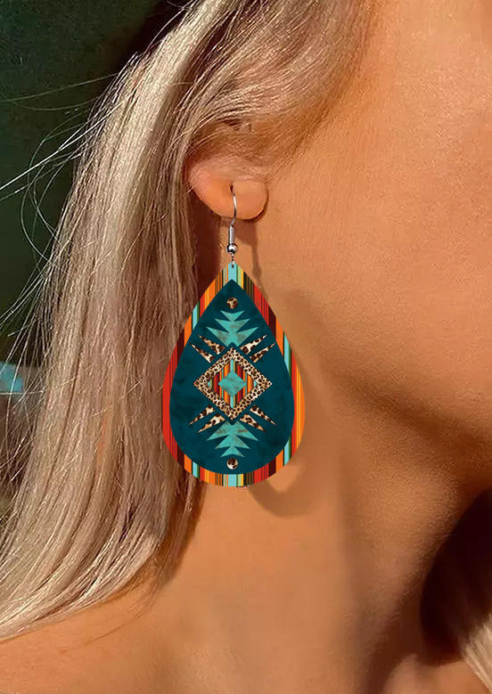 Earrings Aztec Geometric Leopard Water Drop Earrings in Cyan. Size: One Size