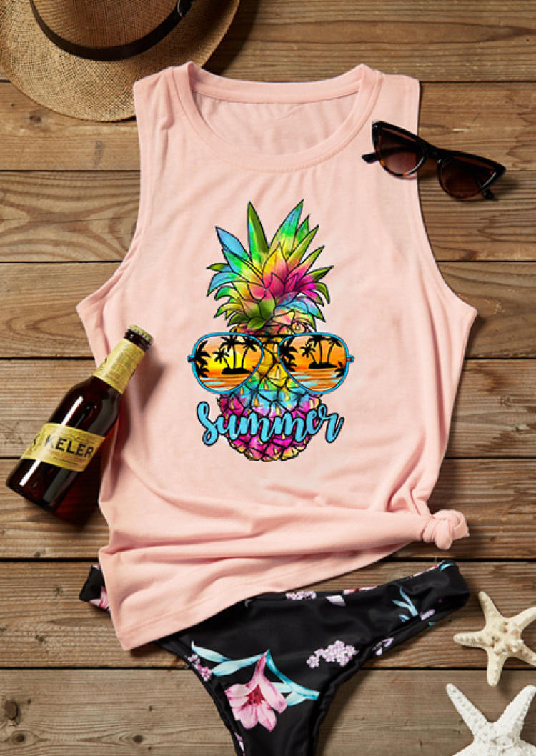 Tank Tops Summer Colorful Pineapple Sunglasses Beach Tank Top in Pink. Size: L,S