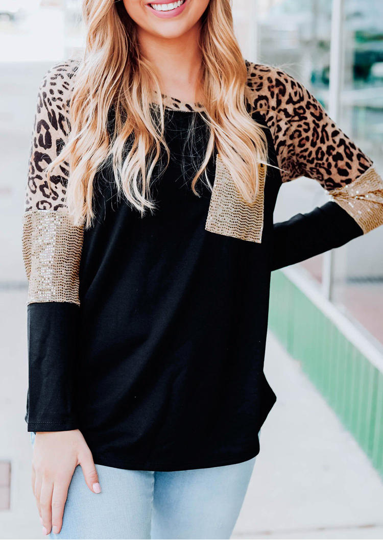 Blouses Leopard Sequined Splicing Blouse in Black. Size: L,M,S,XL