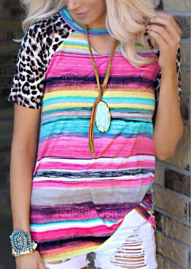 

Blouses Colorful Striped Leopard Hollow Out Blouse in Multicolor. Size: ,M