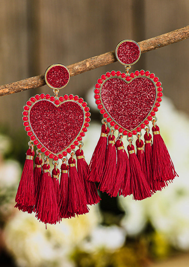 Earrings Glitter Tassel Love Heart Earrings in Multicolor,Red. Size: One Size