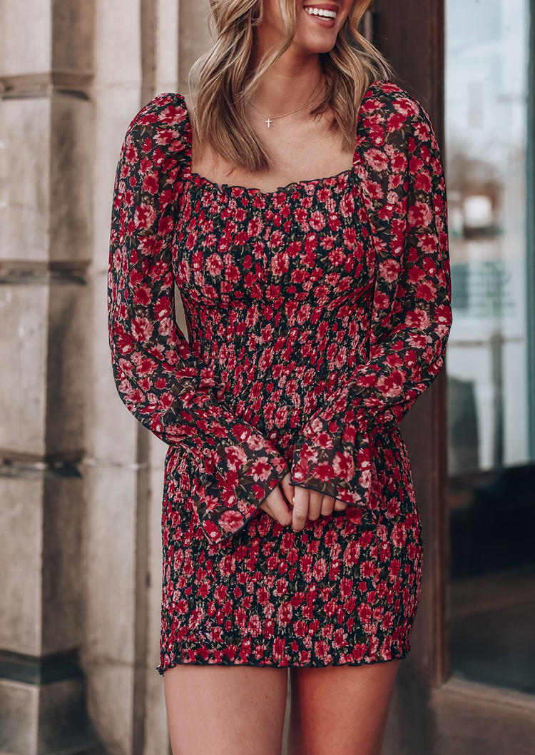 Floral Ruffled Smocked Waist Bodycon Dress