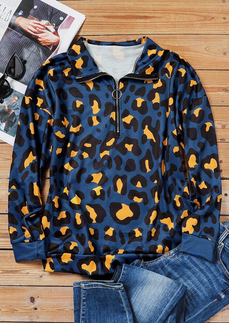 

Sweatshirts Zipper Leopard Long Sleeve Sweatshirt in Blue. Size: ,M,L,XL