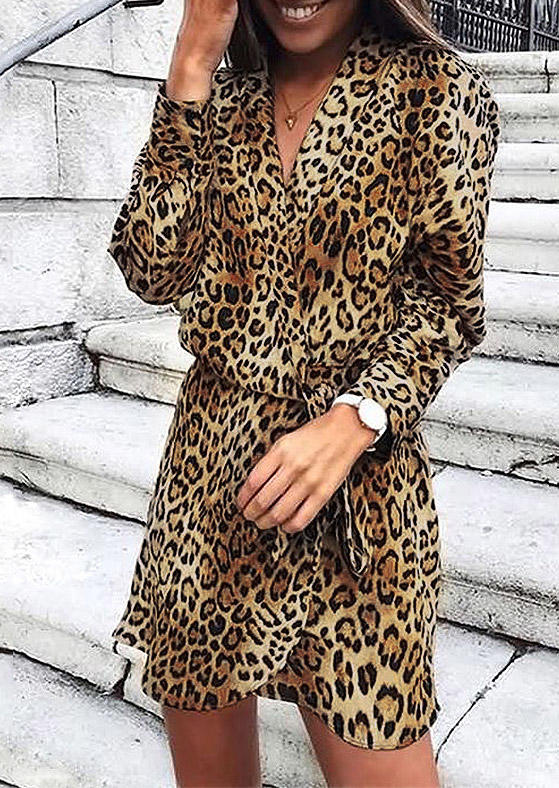 

Mini Dresses Leopard Wrap Long Sleeve Mini Dress in Leopard. Size: ,M,L,XL