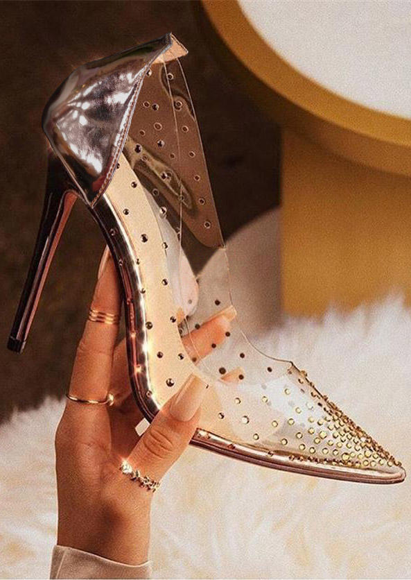

Heels Rhinestone Pointed Toe High Heels -Gold in Gold. Size: ,36,37,38,39