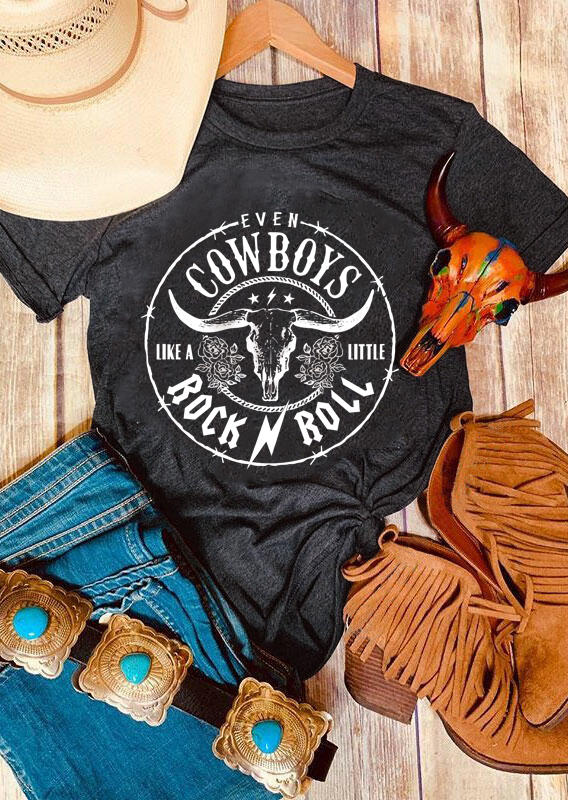 

T-shirts Tees Even Cowboys Like A Little Rock Roll Steer Skull T-Shirt Tee in Dark Grey. Size