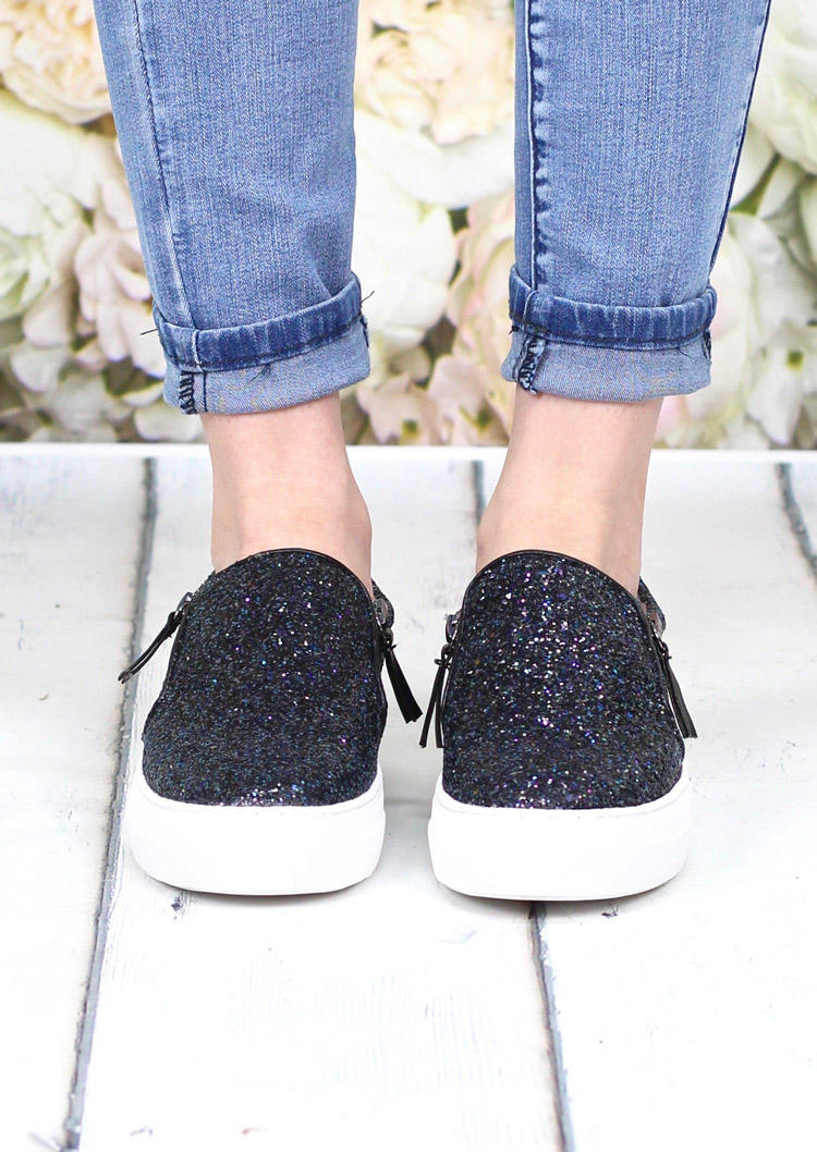 

Sneakers Glitter Zipper Round Toe Flat Sneakers in Black. Size: ,38,39,40,41