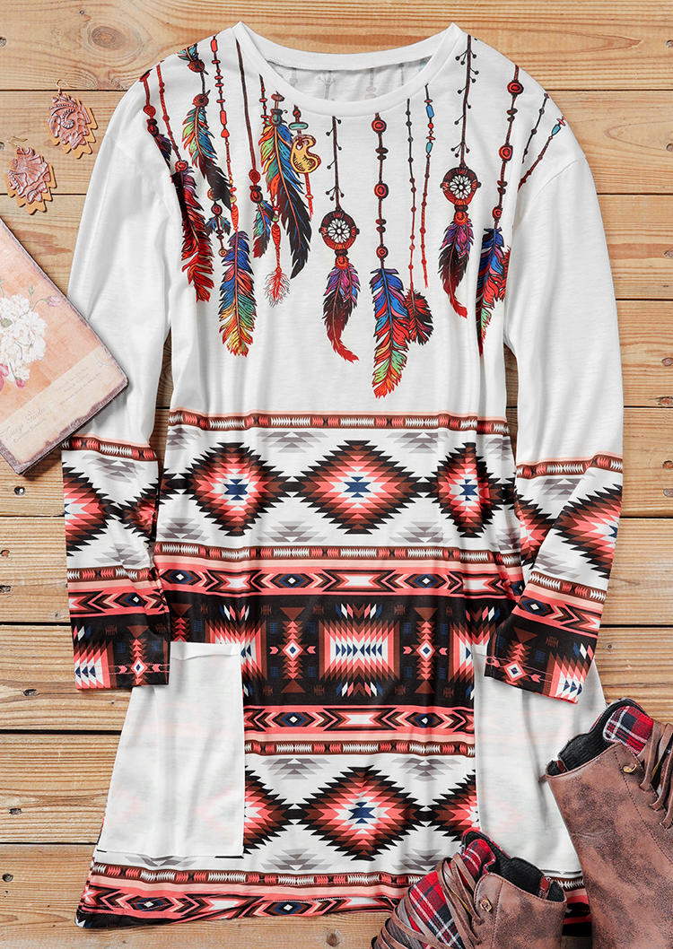 Mini Dresses Aztec Geometric Feather Pocket Mini Dress in Multicolor. Size: S,XL