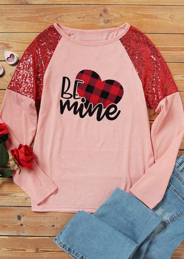 T-shirts Tees Plaid Heart Be Mine Sequined T-Shirt Tee in Pink. Size: L,S