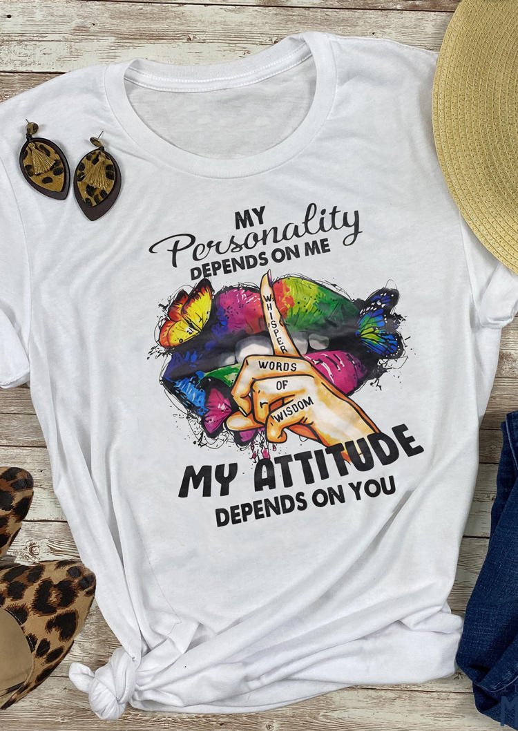 T-shirts Tees My Attitude Whisper Words Of Wisdom Lips T-Shirt Tee in White. Size: M