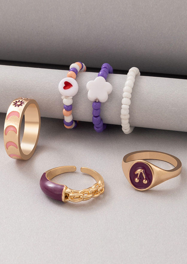 

Earrings 6Pcs Sun Moon Beading Floral Ring Set in Purple. Size