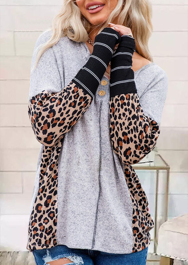 Leopard Striped Splicing Button Blouse - Light Grey