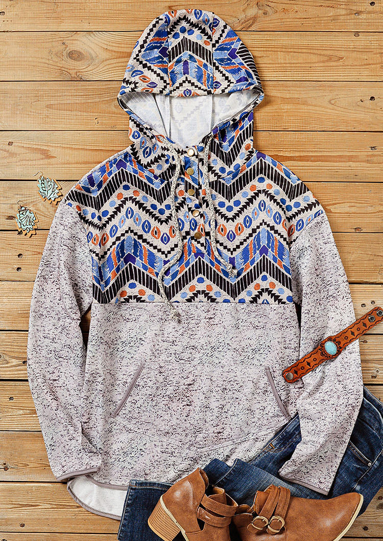 Hoodies Aztec Geometric Pocket Button Hoodie in Multicolor. Size: XL