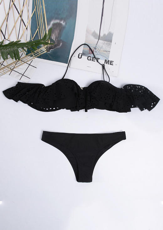 

Bikini Sets Ruffled Splicing Off Shoulder Bikini Set in Black. Size: ,M,L,XL