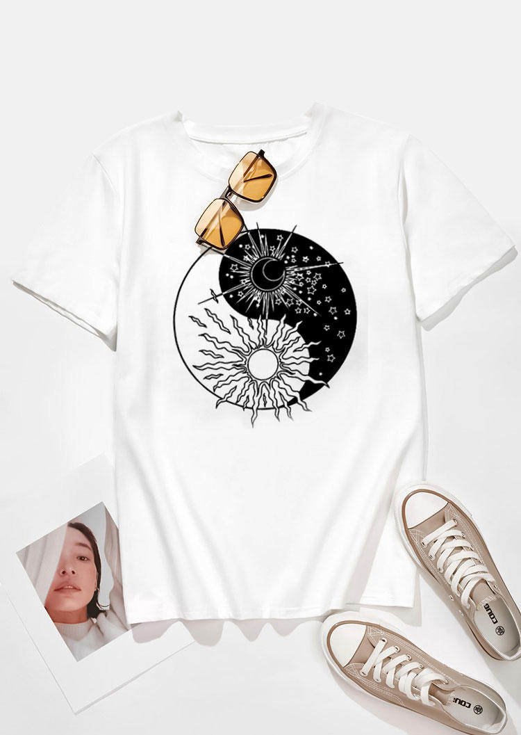Sun Moon Color Block O-Neck T-Shirt Tee - White
