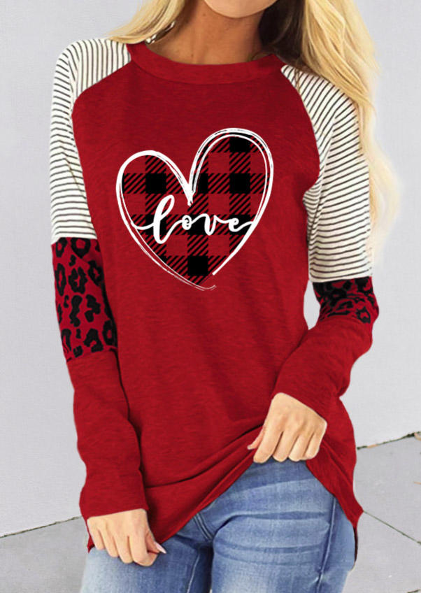 T-shirts Tees Valentine Love Heart Striped Plaid Leopard T-Shirt Tee in Red. Size: L,M,S