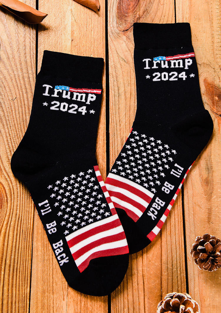 Crew Socks Trump 2024 I'll Be Back Crew Socks in Black,Blue. Size: One Size
