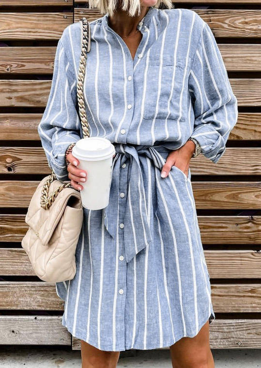 Striped Button Pocket Mini Dress - Blue